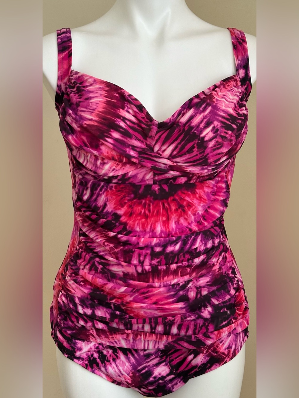 MIRACLE-SUIT Hot Pink Purple Tie-Dye Extensive Ruched One-Piece Swimsuit Sz 10
